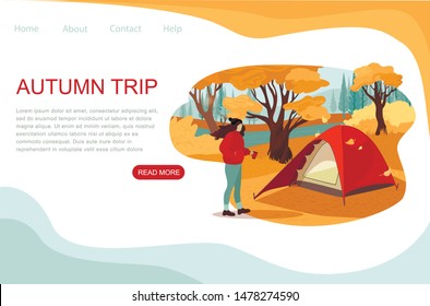 Landing page autumn hiking trip. Camping woman with mountains, river, trees on background. Banner, site, poster template with place for your text.