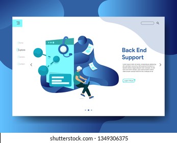 Landing Page Back End Support, the concept of a man using a laptop next to the board, can be used for landing pages, web, UI, banners, templates, backgrounds, flayer, posters - Vector