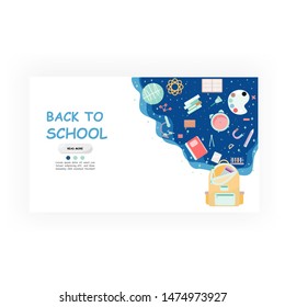 Landing page back to school.Space background with stars and school subjects