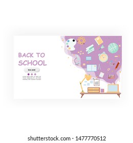 Landing page back to school.Space background with stars and school subjects