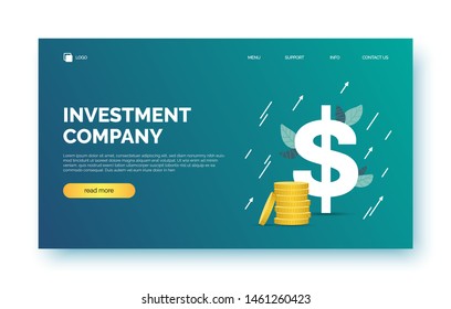 Landing page, background, banner for presentation, web site. Poster with text space, abstract futuristic shapes, dollar sign, coins, growth arrows. Template for invest company, investment, business