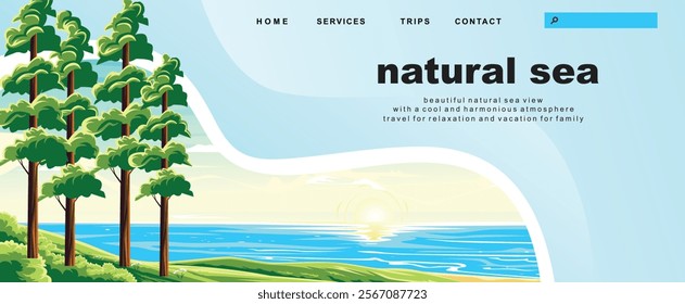 landing page with background of a serene beach view with towering pine trees