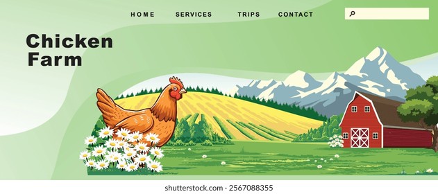 landing page with background A serene farm scene with a hen, barn, and snow-capped mountains