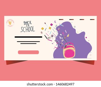 Landing page with backpack and paints, crayons, pencils, school supplies flying inside. Vector