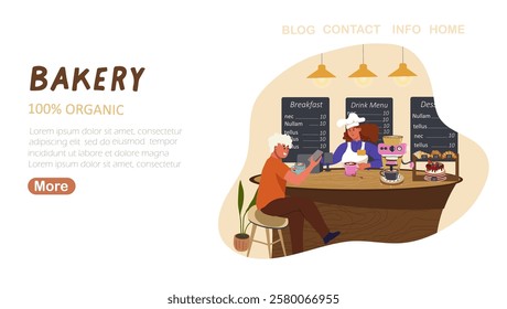 Landing page Bakery, cafe, People in a coffee shop. Character drinking coffee, barista behind counter, pastries, coffee machine. Hand drawn style vector illustration. 