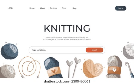 Landing page with balls of wool, needles, crochet hook. Skein of yarn.Tools, equipment for knitwork, handicraft. Handmade needlework, hobby. Knitting studio poster, banner, cover, card. Vector