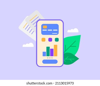 Landing Page der Bankanwendung. Mobile Zahlung und Finanzkonto, Layout der Smartphone-Schnittstelle für das Online-Banking-Programm. Kostenübersicht des Kunden
