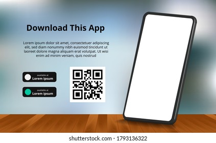 landing page banner advertising for downloading app for mobile phone, 3D smartphone with wood floor and bokeh blur background. Download buttons with scan qr code template.