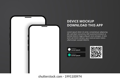 landing page banner advertising for downloading app for mobile phone, 3D double smartphone device mockup dark background. Download buttons with scan qr code template.