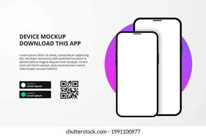 landing page banner advertising for downloading app for mobile phone, 3D double smartphone device mockup. Download buttons with scan qr code template.