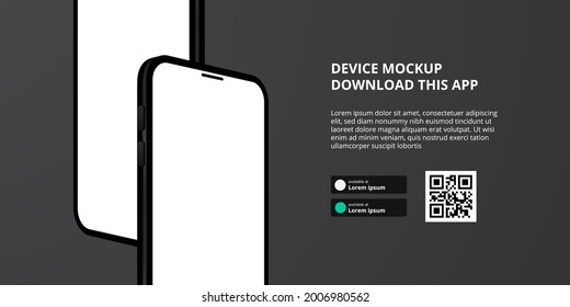 landing page banner advertising for downloading app for mobile phone, 3D cool trendy smartphone device mockup. Download buttons with scan qr code template.