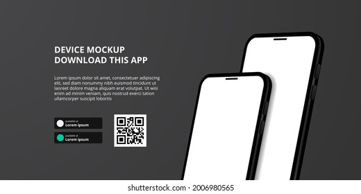 Landing Page Banner Advertising For Downloading App For Mobile Phone, 3D Double Smartphone Device Mockup. Download Buttons With Scan Qr Code Template.