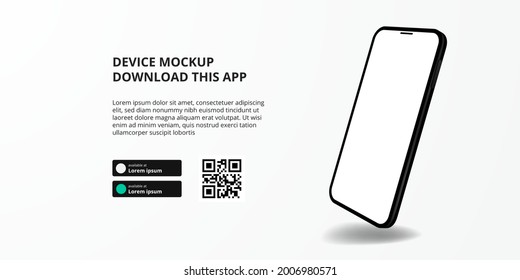 landing page banner advertising for downloading app for mobile phone, 3D float smartphone device mockup. Download buttons with scan qr code template.