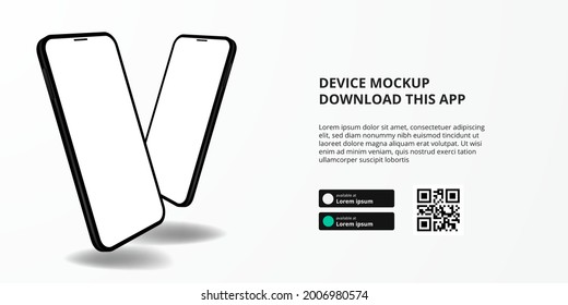 landing page banner advertising for downloading app for mobile phone, 3D double two smartphone float device mockup. Download buttons with scan qr code template.