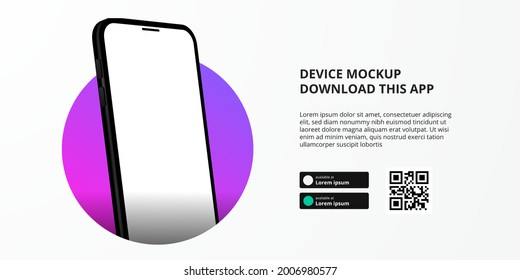 anuncio de banner de la página de inicio para descargar aplicación para teléfono móvil, simulación de dispositivo de smartphone 3D perspectiva. Botones de descarga con la plantilla de código qr de exploración.