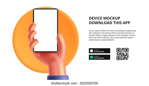 anuncio de banner de la página de inicio para descargar la aplicación para teléfono móvil, linda mano 3D con el dispositivo para smartphones en ridículo. Botones de descarga con la plantilla de código qr de exploración.