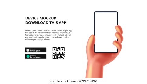 landing page banner advertising for downloading app for mobile phone, cute 3D hand holding smartphone device mockup. Download buttons with scan qr code template.