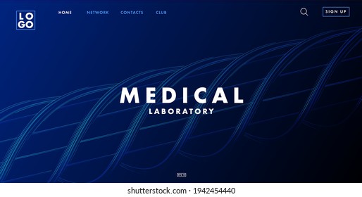 Landing page banner with dna spiral on dark blue background, medical center or laboratory website with menu and interface elements