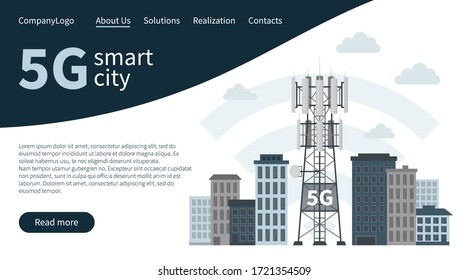 Landing page banner, fifth generation base station or mast, vector of cellular equipment, mobile data towers. Web design concept of 5G innovative smart city, telecommunication antennas and signal