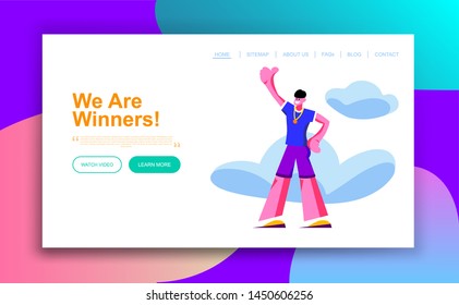Landing Page or Banner with Happy Cartoon Character Sportsman. 
First Place, Gold Medal and Victory on Competition.
Concept for website, Mobile app page, onboard screen.
Flat style.
Vector