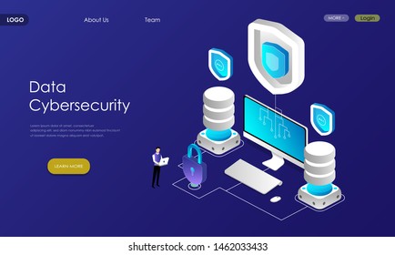 Landing page, banner with hero protect data and confidentiality. Safety and confidential data protection, concept with character saving code and check access. Flat isometric vector illustration