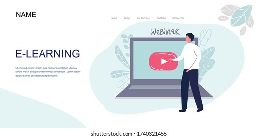 Landing Page, banner. Man on a background of a laptop screen, shows video playback button. man conducts broadcasting online or video training, courses, training, entertainment video. Vector. flat