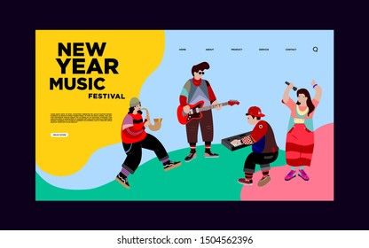 Landing Page Banner For New Year Jazz Festival. Vector Illustration of Singer, Guitarist,Saxophonist, and Keyboardist in one Band Performing at Summer Jazz Festival.
