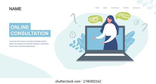 Landing Page, banner. operator on laptop screen flat vector illustration on blue background. girl on laptop answers question. consulting, job online, internet. Call center. help. online consultant