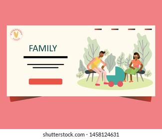 Landing page, banner, poster template with family and newborn pram in the park. Family activities. Pregnancy and parenthood concept illustrations. Adoption. App, website or Web Page. Vector 