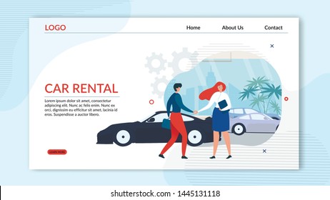 Landing Page Banner Professional Car Rental Service Website. Girl, Manager welcome new client in Rental Office. Rental Deal. Sport Car Rental. Vector Illustration Concept Web Landing Page, Banner