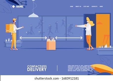 Landing page, banner for stopping coronavirus. Safe contactless delivery. Quarantine isolation. Food bag with products. Window with people and dogs in masks