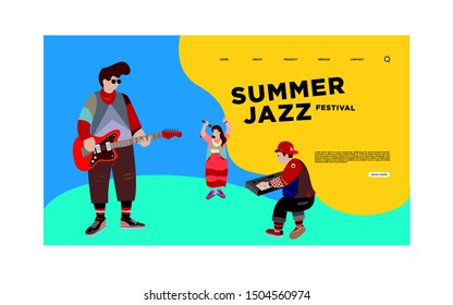 Landing Page Banner For Summer Jazz Festival. Vector Illustration of Singer, Guitarist,Saxophonist, and Keyboardist in one Band Performing at Summer Jazz Festival.
