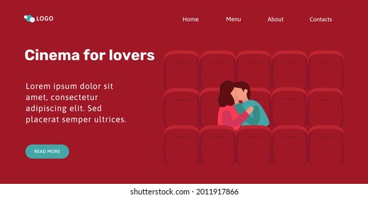 Landing page or banner template. The guy and the girl came to the cinema and began kissing in the hall. Love. Vector illustration in flat style