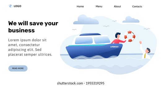 Landing page or banner template. Lifeboat. Business rescue. Save people. Help the drowning man. Vector illustration
