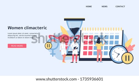 Landing page or banner template on women climacteric and female menopause topic, flat vector illustration. Medical site background with doctors cartoon characters.