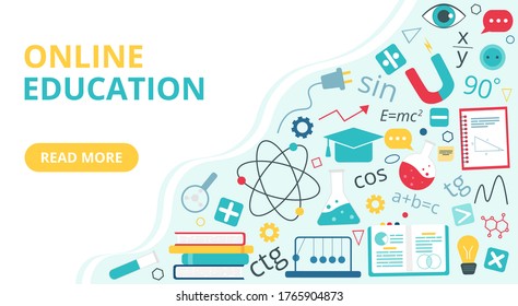 Landing page or banner template. Online education concept. Icons for education, infographics design, web elements, School subjects. Vector illustration in flat style