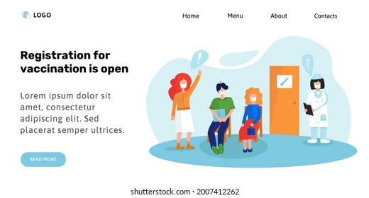 Landing Page Or Banner Template. People In Medical Masks Are Waiting For Their Turn To Be Vaccinated. Vector Illustration