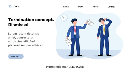 Landing page or banner template. Termination concept. The director terminated the contract with an employee of his firm. Dismissal. Vector illustration in flat style