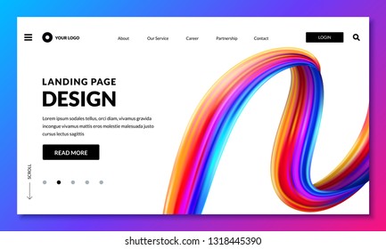 Landing page banner template. Website or mobile interface with gradient paint brush stroke background. Vector trendy design elements.