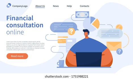 Landing page banner, vector illustration of online financial consultation operator. Advise to save earnings, invest money, increase income and business. Charts, envelope, cash and coins, message boxes