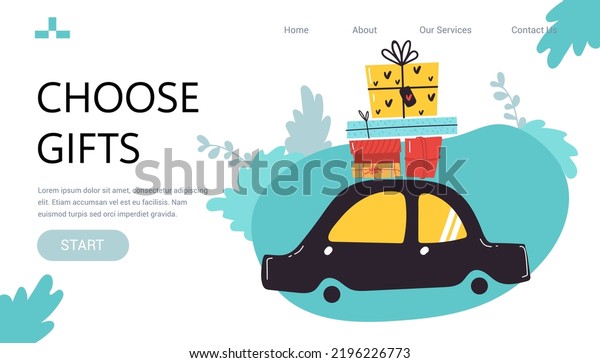 Landing page.\
Banner for web Gift boxes on the car. Merry christmas stylized\
typography. Vector flat style illustration for New Year promotion,\
New Year offer, discounts,\
gifts