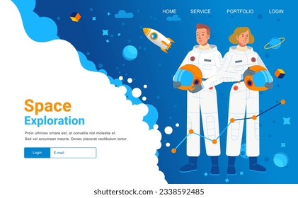 Landing page banner web template space exploration man and woman cosmonaut astronout wear spacesuit character spaceship planet