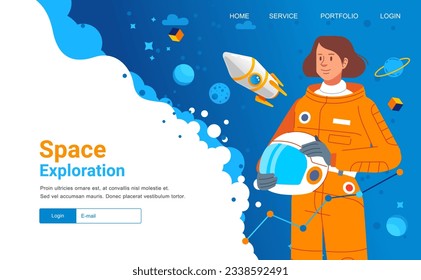 Landing page banner web template space exploration woman cosmonaut astronout wear spacesuit character spaceship planet