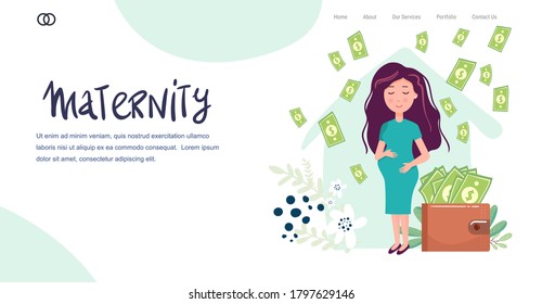 landing page, banner,Young pregnant woman purse. Pregnant woman and money. vector flat design illustrations isolated on white background.