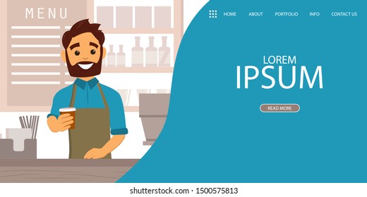 Landing page with a Barista giving coffee to go in a cafe interior. Illustration in flat style for banner, site, lending and social network covers. Vector illustration