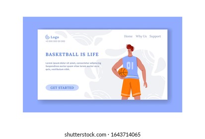 Landing page - basketball player standing with ball and copy space or text place, muscular athletic man or sportsman in uniform - banner template for sport academy website, app, flat people - vector