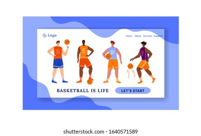 Landing page - basketball players with ball and copy space, text place, muscular athletic men in sport uniform, basketball team train game, banner for sport academy, website, app, flat people - vector