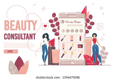 Landing Page for Beauty Online Blogging Consultation. Fashion and Cosmetics Review. Young Social Media Network Blogger Giving Advice to Customer, Telling about Makeup Cosmetics Trends. Video Tutorials