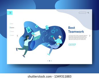 Landing Page Best Teamwork, the concept of a woman looking for the best job on a laptop, can be used for landing pages, web, ui, banners, templates, backgrounds, flayer, posters - Vector