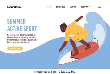 Landing page with Black American Man surfing on surfboard. Horizontal template design Summer Active sport. Vector illustration in flat style